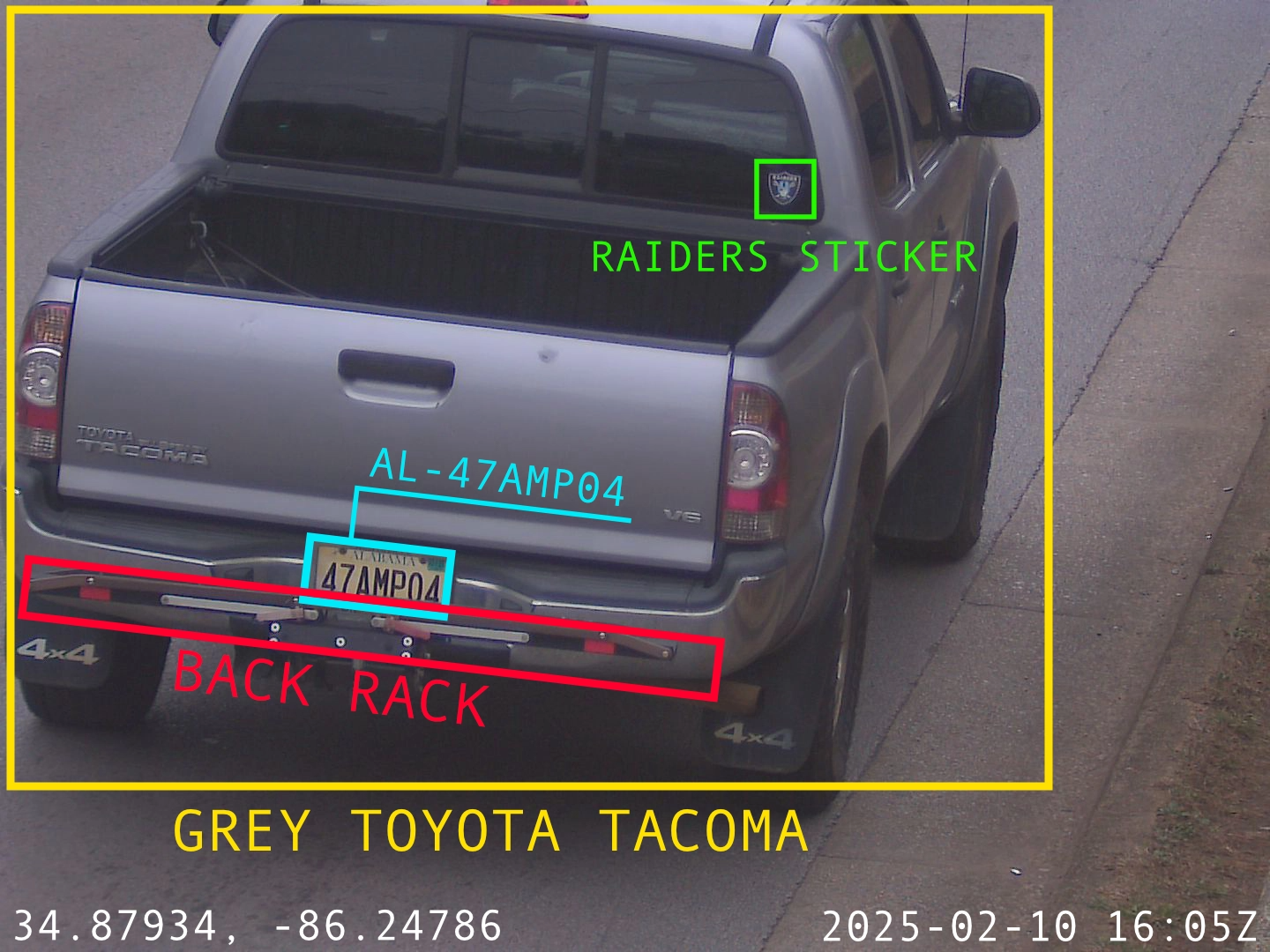 Example of data captured by a Flock Safety ALPR camera, showing a vehicle photo with license plate, timestamp, GPS coordinates, and vehicle details